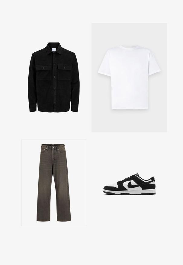 Chaqueta de pana negra con botones, dos bolsillos delanteros con solapa y un cuello clásico, mangas largas y textura acanalada.; Camiseta de algodón blanca con cuello redondo y mangas cortas. Textura suave, corte recto, sin patrones ni acentos. Vista trasera únicamente.; Jeans de pierna ancha en denim gris oscuro, con una cintura alta, diseño clásico de cinco bolsillos y costuras en contraste a lo largo de las costuras.; Zapatillas Nike Dunk en blanco y negro, con un upper de cuero y ante, puntera redonda, perforaciones y una suela de goma con un diseño texturizado.