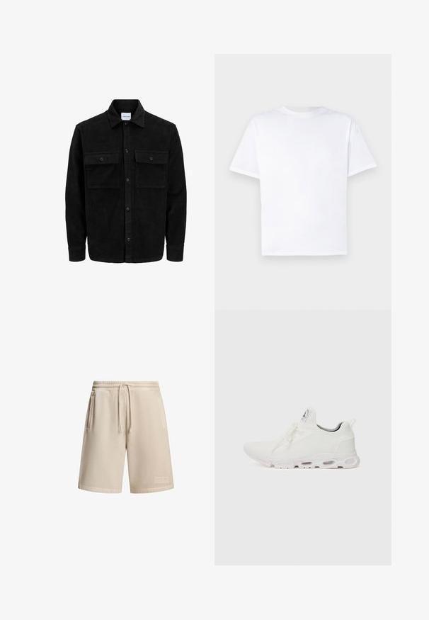 Čierna kordúrová bunda s gombíkmi, dvoma prednými vreckami so záklopkou a klasickým golierom, dlhými rukávmi a ryhovanou textúrou.; Biele bavlnené tričko s okrúhlym výstrihom a krátkymi rukávmi. Hladká textúra, priame strih, bez vzorov alebo akcentov. Len pohľad z chrbta.; Béžové šortky vyrobené z bavlnenej zmesi s elastickým pásom a šnúrkou, obsahujúce dve bočné vrecká a malú nášivku loga na leme.; Biele športové topánky so štruktúrovaným pleteným zvrškom, plochými šnúrkami a odpruženou podrážkou s viditeľnými vzduchovými komorami pre dodatočnú podporu.