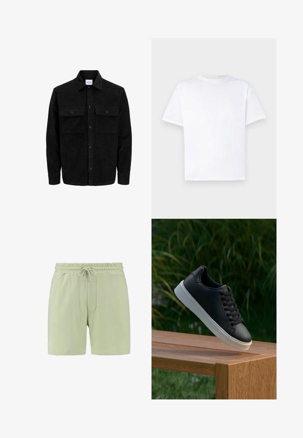 Melnas kordūru pogu jaka ar divām priekšējām atloka kabatām un klasisku apkakli, garām piedurknēm un ribotu tekstūru.; Balta kokvilnas t-krekls ar apaļu kaklu un īsām piedurknēm. Vienmērīga tekstūra, taisns griezums, bez rakstiem vai akcentiem. Redze no aizmugures.; Gaiši zaļi šorti, kas izgatavoti no mīkstas auduma, ar elastīgu vidukli un auklu, kā arī sānu kabatu. Gluda struktūra, brīva piegriezuma.; Melnās ādas sporta apavi ar gludu tekstūru, baltu gumijas zoli un sešiem caurumiem šņorešanai, novietoti uz koka virsmas.