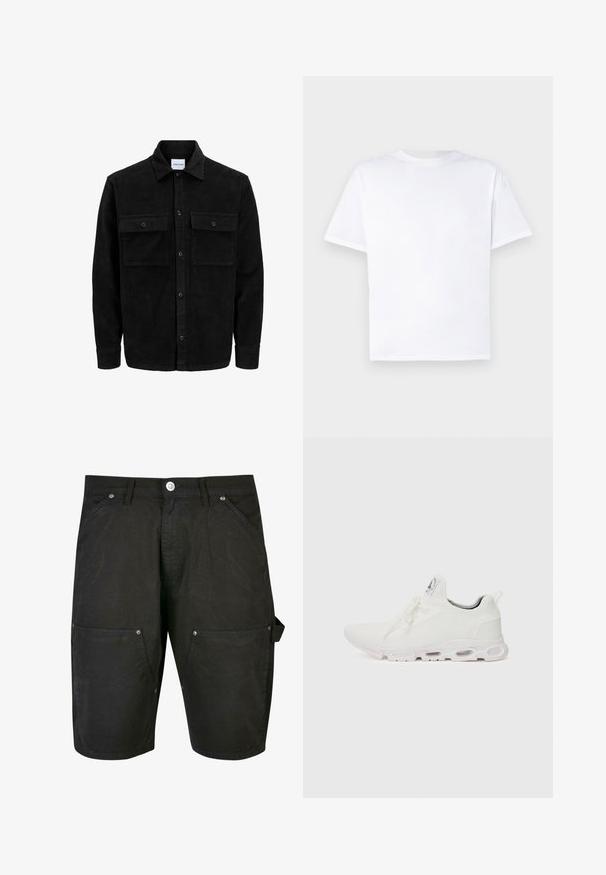 Zwarte corduroy knopenjack met twee voorste klepzakken en een klassieke kraag, lange mouwen en ribbelstructuur.; Witte katoenen T-shirt met ronde hals en korte mouwen. Gladde textuur, rechte snit, geen patronen of accenten. Alleen achteraanzicht.; Urban Classics DOUBLE KNEE CARPENTER - Shorts - black; Witte sportieve schoenen met een gestructureerde gebreide bovenkant, platte veters en een gevoerde zool met zichtbare luchtkamers voor extra ondersteuning.