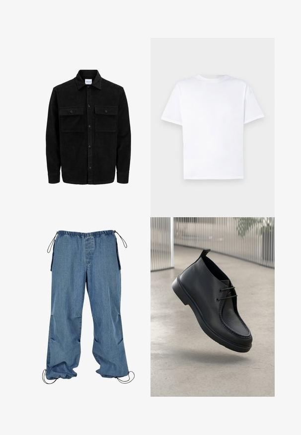 Melnas kordūru pogu jaka ar divām priekšējām atloka kabatām un klasisku apkakli, garām piedurknēm un ribotu tekstūru.; Balta kokvilnas t-krekls ar apaļu kaklu un īsām piedurknēm. Vienmērīga tekstūra, taisns griezums, bez rakstiem vai akcentiem. Redze no aizmugures.; Gaiši zili denima bikses ar elastīgu jostasvietu, saistāmiem piedurknēm un sānu kabatām. Audums izskatās mīksts ar nedaudz izbalējušu tekstūru.; Melnas ādas kurpes ar gludu tekstūru, noapaļotu purngalu un aukliņu dizainu; ir zema profila zole un aizmugures cilpa.