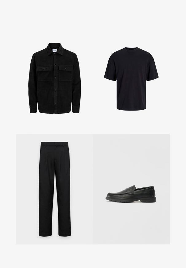 Mustmustöös nupuga jope, millel on kaks eesmist klapiga taskut ja klassikaline kaelus, pikad varrukad ning ribakujuline tekstuur.; Must must on mustre, lühikeste varrukatega ja vabalt langev. Sile tekstuur ja ilma nähtavate mustrite või aktsentideta.; Mustad mustadest riietest, millel on sirge jalgade disain, kaks eesmist voltimist ja tavaline vöökoht, millel on vöökohad.; Musthave nahkkingad siledast nahast, mokassiini stiilis ülevalt, tikanditega ja kummist tallaga. Klassikaline disain madala kontsaga.