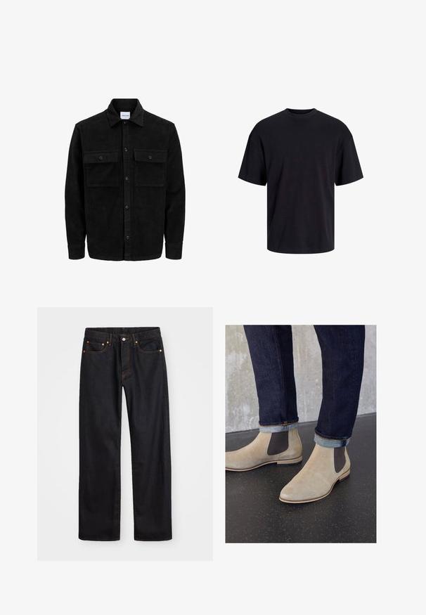 Schwarze Corduroy-Button-Up-Jacke mit zwei frontalem Klappentaschen und klassischem Kragen, langen Ärmeln und gerippter Textur.; Schwarzes Baumwoll-T-Shirt mit Rundhalsausschnitt, kurzen Ärmeln und lässiger Passform. Glatte Oberflächenstruktur und keine sichtbaren Muster oder Akzente.; Herren gerade geschnittene schwarze Jeans aus Denim mit fünf Taschen und orangefarbenen Nähten, Knopf- und Reißverschluss vorne am Bund.; Zign LEATHER - Stiefelette - sand