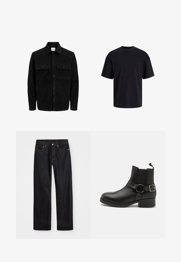 Melnas kordūru pogu jaka ar divām priekšējām atloka kabatām un klasisku apkakli, garām piedurknēm un ribotu tekstūru.; Melns kokvilnas T-krekls ar apaļu kakla izgriezumu, īsām piedurknēm un brīvu piegriezumu. Gluda tekstūra un nav redzamu rakstu vai akcentu.; Vīriešu taisno kāju melnie džinsi ar piecām kabatām un oranžu izšuvumu, ar pogu un zipa aizdari priekšējā jostas daļā.; Steve Madden ANTONN - Kovboju/motociklistu tipa puszābaki - black