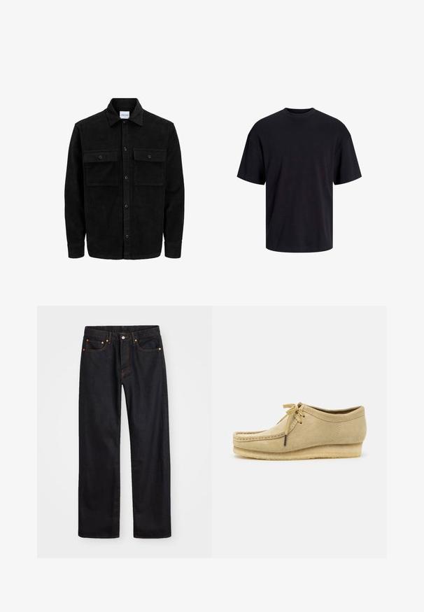 Crni kožni kord jakna na dugmad s dva prednja džepa s preklopom i klasičnim ovratnikom, dugim rukavima i rebrastom teksturom.; Crna pamučna majica s okruglim izrezom, kratkim rukavima i opuštenim krojem. Glatka tekstura bez vidljivih uzoraka ili dekoracija.; Muške traperice ravnog kroja, crne boje, s pet džepova i narančastim šavovima, sa zatvaranjem na dugme i patentni zatvarač na prednjem dijelu struka.; Bež sučni cipele s dizajnom s vezicama, šivenim detaljima i gumenenim potplatom. Oblik je ležeran s laganim štiklama.