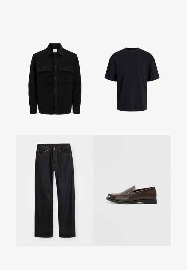 Sort fløjl button-up jakke med to frontlommer og klassisk krave, lange ærmer og ribbet tekstur.; Sort bomulds t-shirt med rund hals, korte ærmer og en afslappet pasform. Glat tekstur uden synlige mønstre eller accenter.; Mænds lige ben sorte denim jeans med fem lommer og orange syninger, knap- og lynlåslukning foran på taljen.; Brune læderloafers med rund tå, dekorativ syning og en lille, flad hæl. Glat tekstur med underspillede designelementer.