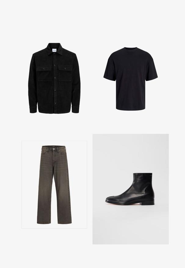 Jachetă din catifea neagră, cu butoni, două buzunare frontale cu clapetă și un guler clasic, mâneci lungi și textură ribbed.; Tricou din bumbac negru, cu guler rotund, mâneci scurte și o croială lejeră. Textură netedă și fără modele sau accente vizibile.; Blugi cu picioare largi din denim gri închis, cu talie înaltă, design clasic cu cinci buzunare și cusături contrastante pe cusături.; Botină neagră din piele netedă, cu toc mic și vârf rotund, prezentată de la lateral pe un fundal alb.