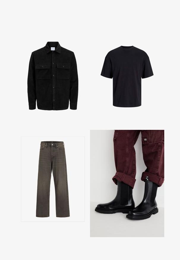 Czarna kurtka z korduru z guzikami, z dwoma przednimi kieszeniami na klapki oraz klasycznym kołnierzem, długimi rękawami i ryżowym splotem.; Czarna bawełniana koszulka z okrągłym dekoltem, krótkimi rękawami i luźnym krojem. Gładka tekstura, bez widocznych wzorów czy akcentów.; Szerokie dżinsy w ciemnoszarym denimu, z wysokim stanem, klasycznym pięciopocketowym wzorem i kontrastowym przeszyciem wzdłuż szwów.; Steve Madden HIGHFLYER czarny