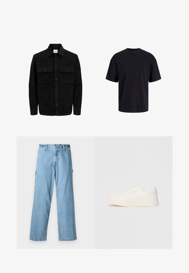 Černá kordurová košile s knoflíky, dvěma předními klopovými kapsami a klasickým límcem, dlouhými rukávy a vroubkovanou texturou.; Černé bavlněné tričko s kulatým výstřihem, krátkými rukávy a volným střihem. Hladká textura a žádné viditelné vzory ani akcenty.; Abercrombie & Fitch ULTRA BAGGY MID LIGHT PAINTER - Baggy džíny - medium; Bílé slip-on tenisky s texturovaným povrchem, silnou podešví a minimalistickým designem. Na boku je umístěno logo značky.