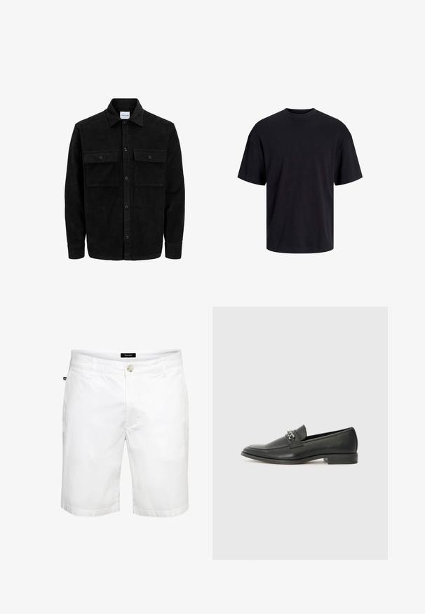 Crni kožni kord jakna na dugmad s dva prednja džepa s preklopom i klasičnim ovratnikom, dugim rukavima i rebrastom teksturom.; Crna pamučna majica s okruglim izrezom, kratkim rukavima i opuštenim krojem. Glatka tekstura bez vidljivih uzoraka ili dekoracija.; Bijele pamučne kratke hlače ravnog kroja, sa zatvaranjem na gumb sprijeda i standardnim džepovima, glatke teksture i čistog dizajna.; Crna kožna loafer cipela s glatkom finišem, s ušivenim uzorkom i dekorativnim metalnim lancem preko prednjeg dijela. Ravni potplat.