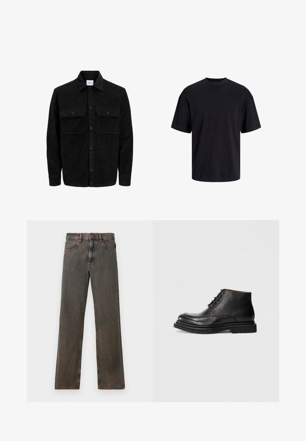 Veste en velours côtelé noire à boutons, avec deux poches à rabat à l'avant et un col classique, des manches longues et une texture côtelée.; T-shirt en coton noir avec un col ras du cou, des manches courtes et une coupe décontractée. Texture lisse sans motifs ni accents visibles.; Jeans droits couleur marron délavé avec poches avant, fermeture à bouton et passants de ceinture, présentés sur un fond blanc.; Botte en cuir noir à la cheville avec fermeture à lacets, bout rond et semelle en caoutchouc épaisse sur un fond blanc uni.