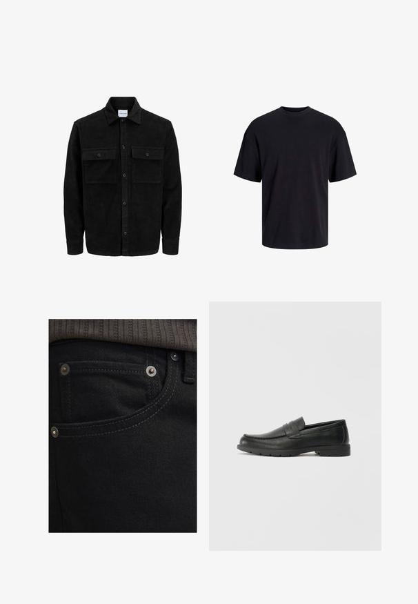 Svart kordfløyels knappjakke med to frontlommer med klaff og klassisk krage, lange ermer og ribbet tekstur.; Svart bomull t-skjorte med rund hals, korte ermer og en avslappet passform. Glatt tekstur uten synlige mønstre eller detaljer.; Sorte denimjeans med slim fit og en glat tekstur. Har sølv hardware, nitter og kontrastsyninger nær lommerne.; Svart skinnloafers med glatt finish, mokkasin-stil overdel, broderte detaljer og gummisåle. Klassisk design med lav hæl.