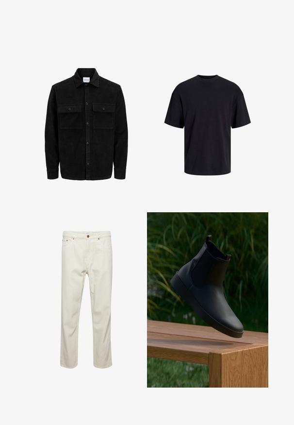 Black corduroy button-up jacket with two front flap pockets and a classic collar, long sleeves, and ribbed texture.; Black cotton t-shirt with a crew neckline, short sleeves, and a relaxed fit. Smooth texture and no visible patterns or accents.; Beige cotton trousers with a straight cut, five pockets, button closure, and subtle stitching details. Even texture with no visible patterns.; Black leather ankle boot with elastic side panels, smooth texture, rounded toe, and flat sole, positioned above a wooden table against greenery.