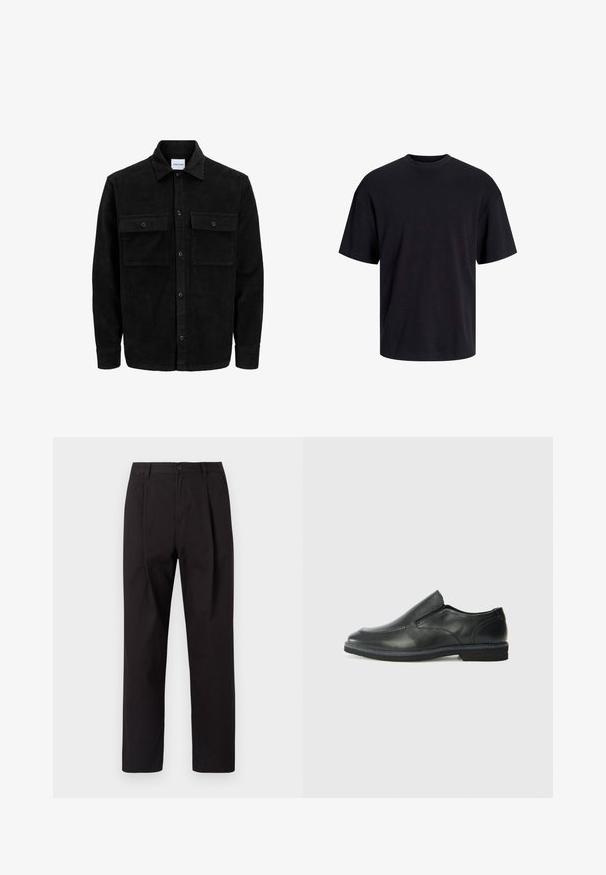 Black corduroy button-up jacket with two front flap pockets and a classic collar, long sleeves, and ribbed texture.; Black cotton t-shirt with a crew neckline, short sleeves, and a relaxed fit. Smooth texture and no visible patterns or accents.; Jack & Jones JPSTBILL WILLIAM WORKER - Chinos - black; Black leather slip-on shoe with a smooth upper, stitched accents, rounded toe, and a low rubber heel. Sole features minimal tread.