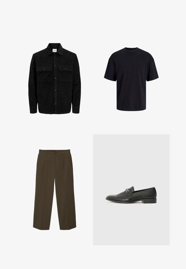 Sort fløjl button-up jakke med to frontlommer og klassisk krave, lange ærmer og ribbet tekstur.; Sort bomulds t-shirt med rund hals, korte ærmer og en afslappet pasform. Glat tekstur uden synlige mønstre eller accenter.; Brune, løst siddende bukser lavet af blødt stof med flad front, sidelommer og knaplukning i taljen. Ensfarvet design uden mønstre.; Sorte læder loafers med en glat finish, der har et syet design og et dekorativt metal kædeaccent hen over vamps. Flad hæl.