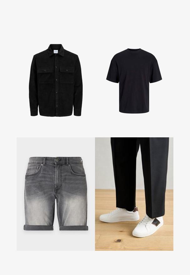 Melnas kordūru pogu jaka ar divām priekšējām atloka kabatām un klasisku apkakli, garām piedurknēm un ribotu tekstūru.; Melns kokvilnas T-krekls ar apaļu kakla izgriezumu, īsām piedurknēm un brīvu piegriezumu. Gluda tekstūra un nav redzamu rakstu vai akcentu.; Faded melnā džinsu šorti ar salocītu apakšmalu, pieci kabatas un smalka izbalēšana uz priekšpuses. Klasiska pogu aizdare.; Baltā pārsoļa apavi ar gludu tekstūru, papildināti ar brūniem ādas akcentiem un melniem elementiem, savienoti ar melnām pielāgotām biksēm. Koka grīdas fons.
