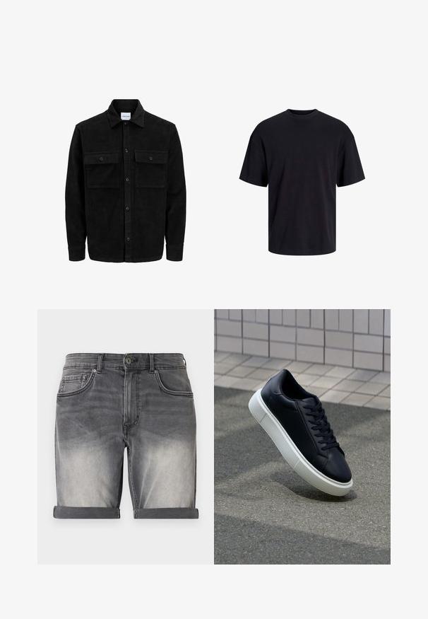 Črna kordurojska jakna z gumbi, z dvema sprednjima žepoma z zavihkom in klasičnim ovratnikom, dolgimi rokavi ter rebrasto teksturo.; Črna bombažna majica s krojačkom izrezom, kratkimi rokavi in sproščenim krojem. Gladka tekstura in brez vidnih vzorcev ali poudarkov.; Denim kratke hlače v zbledeli črni barvi s zvitim robom, ki imajo pet žepov in subtilno zmečkanost na sprednji strani. Klasično zapiranje na gumb.; Črne usnjene superge z zaobljenim prstom in belim gumijastim podplat. Imajo ravne vezalke in minimalno šivanje na zgornjem delu. Teksturirani podplat za oprijem.