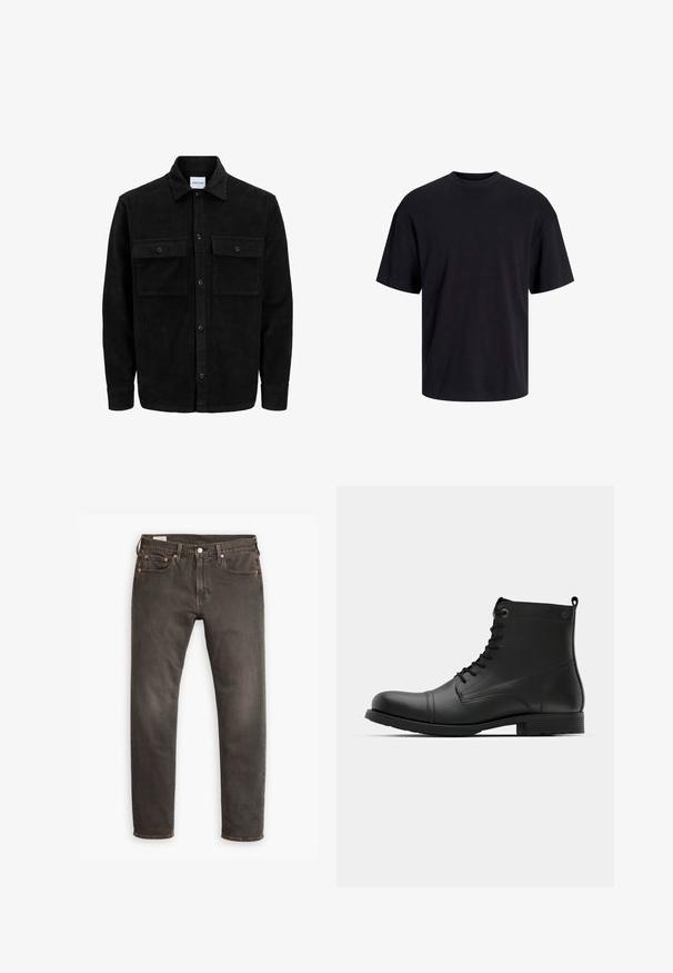 Juodas velveto mygtukų švarkas su dviem priekiniais kišenėmis su atvartais, klasikiniu apykakle, ilgomis rankovėmis ir raukšlėtu paviršiumi.; Juodas medvilninis marškinėlis su apvaliu iškirpimu, trumpomis rankovėmis ir laisvu siluetu. Glotni tekstūra, be matomų raštų ar akcentų.; Tamsiai pilki džinsai su klasikiniu tiesiu kirpimu. Pagaminti iš džinsinio audinio, turi penkias kišenes, varinius kniedes ir paprastą mygtuko užsegimą.; Juodos odinės aulinukai su apvalia nosiumi, šnuromis ir plokščiu guminiu padu. Yra minimalus siuvinėjimas ir kilpa ant kulno.