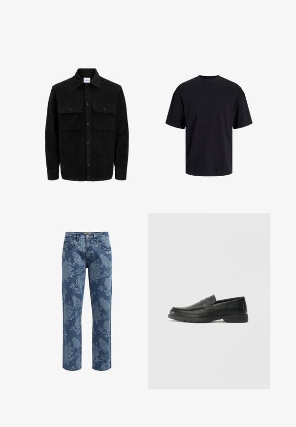 Mustmustöös nupuga jope, millel on kaks eesmist klapiga taskut ja klassikaline kaelus, pikad varrukad ning ribakujuline tekstuur.; Must must on mustre, lühikeste varrukatega ja vabalt langev. Sile tekstuur ja ilma nähtavate mustrite või aktsentideta.; Denim teksad sinise lillemustriga. Sirge jala kujundus, keskmine pesu, viis taskut, nööbi ja tõmbluku sulgemine ning vööd.; Musthave nahkkingad siledast nahast, mokassiini stiilis ülevalt, tikanditega ja kummist tallaga. Klassikaline disain madala kontsaga.