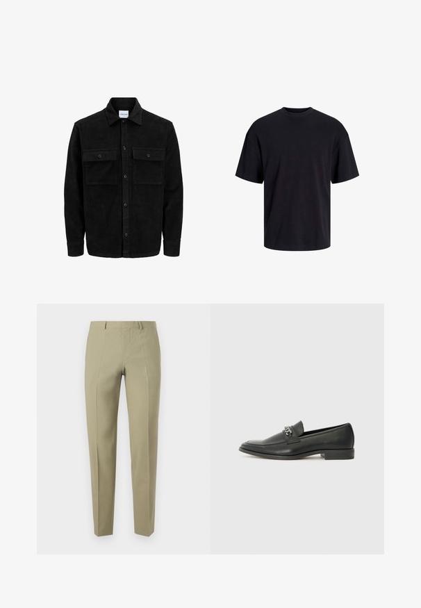 Black corduroy button-up jacket with two front flap pockets and a classic collar, long sleeves, and ribbed texture.; Black cotton t-shirt with a crew neckline, short sleeves, and a relaxed fit. Smooth texture and no visible patterns or accents.; Khaki trousers with a slim fit, made from a smooth fabric. Features front creases, belt loops, and a zip fly closure.; Black leather loafer with a smooth finish, featuring a stitched design and a decorative metal chain accent across the vamp. Flat heel.