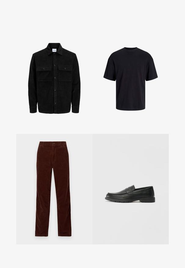 Black corduroy button-up jacket with two front flap pockets and a classic collar, long sleeves, and ribbed texture.; Black cotton t-shirt with a crew neckline, short sleeves, and a relaxed fit. Smooth texture and no visible patterns or accents.; Carhartt WIP SIMPLE PANT - Trousers - offroad rinsed; Black leather loafers with a smooth finish, moccasin-style upper, stitched detailing, and a rubber sole. Classic design with a low heel.