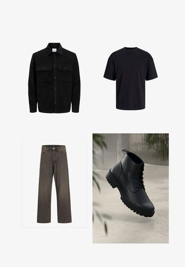 Juodas velveto mygtukų švarkas su dviem priekiniais kišenėmis su atvartais, klasikiniu apykakle, ilgomis rankovėmis ir raukšlėtu paviršiumi.; Juodas medvilninis marškinėlis su apvaliu iškirpimu, trumpomis rankovėmis ir laisvu siluetu. Glotni tekstūra, be matomų raštų ar akcentų.; Plati kojinės džinsai tamsiai pilkos spalvos džinsinio audinio, su aukštu liemeniu, klasikinio penkių kišenių dizainu ir kontrastinga siuvimo linija siūlėse.; Juodi odiniai auliniai batai su apvaliu pirštu, su raišteliais ir tvirtu guminio pado dizainu. Romus paviršius su kilpeliu gale.
