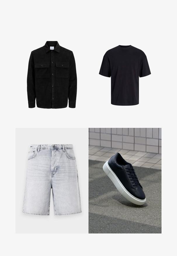 Crni kožni kord jakna na dugmad s dva prednja džepa s preklopom i klasičnim ovratnikom, dugim rukavima i rebrastom teksturom.; Crna pamučna majica s okruglim izrezom, kratkim rukavima i opuštenim krojem. Glatka tekstura bez vidljivih uzoraka ili dekoracija.; Traperice kratke hlače svijetlosive boje s blagim izblijedjelim učinkom. Imaju pet džepova, petlju za remen te zatvaranje na zatvarač s kopčom.; Crne kožne tenisice s zaobljenim vrhom i bijelim gumiranim potplatom. Imaju ravne vezice i minimalno šivanje na gornjem dijelu. Teksturirani potplat za bolje prianjanje.