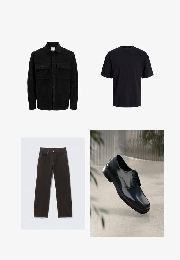 Schwarze Corduroy-Button-Up-Jacke mit zwei frontalem Klappentaschen und klassischem Kragen, langen Ärmeln und gerippter Textur.; Schwarzes Baumwoll-T-Shirt mit Rundhalsausschnitt, kurzen Ärmeln und lässiger Passform. Glatte Oberflächenstruktur und keine sichtbaren Muster oder Akzente.; Schwarze Jeans aus Denim mit geradem Bein, fünf Taschen und kupferfarbenen Nähten. Glatte Textur, klassischer Knopfverschluss an der Taille.; Schwarze Lederdressschuhe mit glänzender Oberfläche, runder Zehenpartie, traditionellem Schnürdesign und dicker Gummisohle. Mit Nahtdetails.