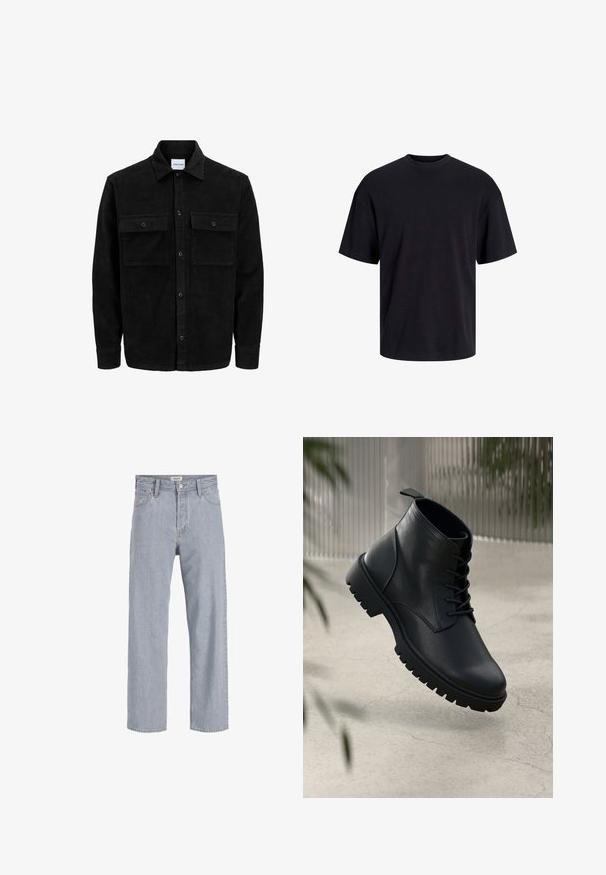 Czarna kurtka z korduru z guzikami, z dwoma przednimi kieszeniami na klapki oraz klasycznym kołnierzem, długimi rękawami i ryżowym splotem.; Czarna bawełniana koszulka z okrągłym dekoltem, krótkimi rękawami i luźnym krojem. Gładka tekstura, bez widocznych wzorów czy akcentów.; Jasnoniebieskie dżinsy o luźnym kroju, prostych nogawkach, widocznym szwie, dwóch przednich kieszeniach i zapięciu na guzik.; Czarne skórzane botki na kostkę z okrągłym noskiem, sznurowanym zapięciem i solidną gumową podeszwą. Gładka struktura z pętelką z tyłu.