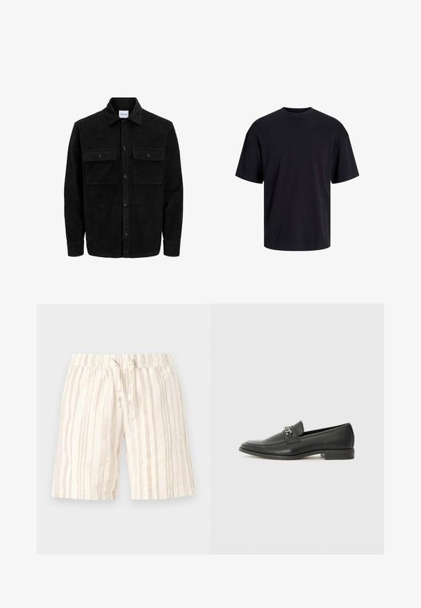 Jachetă din catifea neagră, cu butoni, două buzunare frontale cu clapetă și un guler clasic, mâneci lungi și textură ribbed.; Tricou din bumbac negru, cu guler rotund, mâneci scurte și o croială lejeră. Textură netedă și fără modele sau accente vizibile.; Pantaloni scurți bej deschis cu dungi verticale în nuanțe variate. Dispune de o talie elastică și șnur pentru ajustare. Material moale, texturat.; Pantofii negri din piele cu un finisaj neted, având un design cusut și un accent decorativ de lanț metalic peste partea de sus. Toc plat.