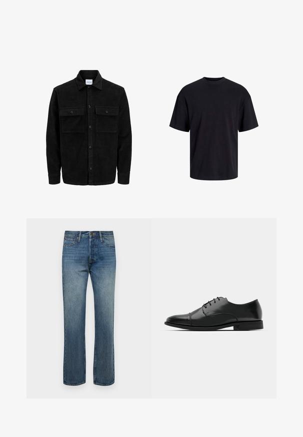 Svart kordfløyels knappjakke med to frontlommer med klaff og klassisk krage, lange ermer og ribbet tekstur.; Svart bomull t-skjorte med rund hals, korte ermer og en avslappet passform. Glatt tekstur uten synlige mønstre eller detaljer.; Herre blå denim jeans med rett ben-design, med en enkelt knappelukking, frontlommer og en subtil falmet tekstur.; Svart skinn dressko med avrundet tå, snøring, subtile sømdetaljer og lav hæl. Glatt tekstur med polert finish.
