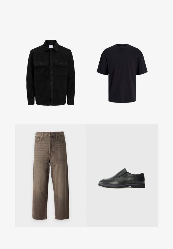 Chaqueta de pana negra con botones, dos bolsillos delanteros con solapa y un cuello clásico, mangas largas y textura acanalada.; Camiseta de algodón negra con cuello redondo, mangas cortas y un ajuste relajado. Textura suave y sin patrones ni acentos visibles.; Jeans de pierna ancha en color marrón, fabricados en denim. Cuentan con una cremallera, pasadores para cinturón y cinco bolsillos. La tela presenta un aspecto desgastado y texturizado.; Zapato negro de cuero sin cordones con un upper suave, detalles de costura, punta redonda y un bajo tacón de goma. La suela presenta una tracción mínima.
