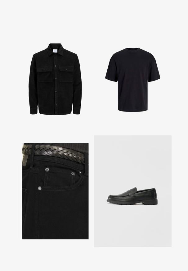 Black corduroy button-up jacket with two front flap pockets and a classic collar, long sleeves, and ribbed texture.; Black cotton t-shirt with a crew neckline, short sleeves, and a relaxed fit. Smooth texture and no visible patterns or accents.; Jack & Jones JJIALEX JJORIGINAL - Baggy Jeans - black; Black leather loafers with a smooth finish, moccasin-style upper, stitched detailing, and a rubber sole. Classic design with a low heel.