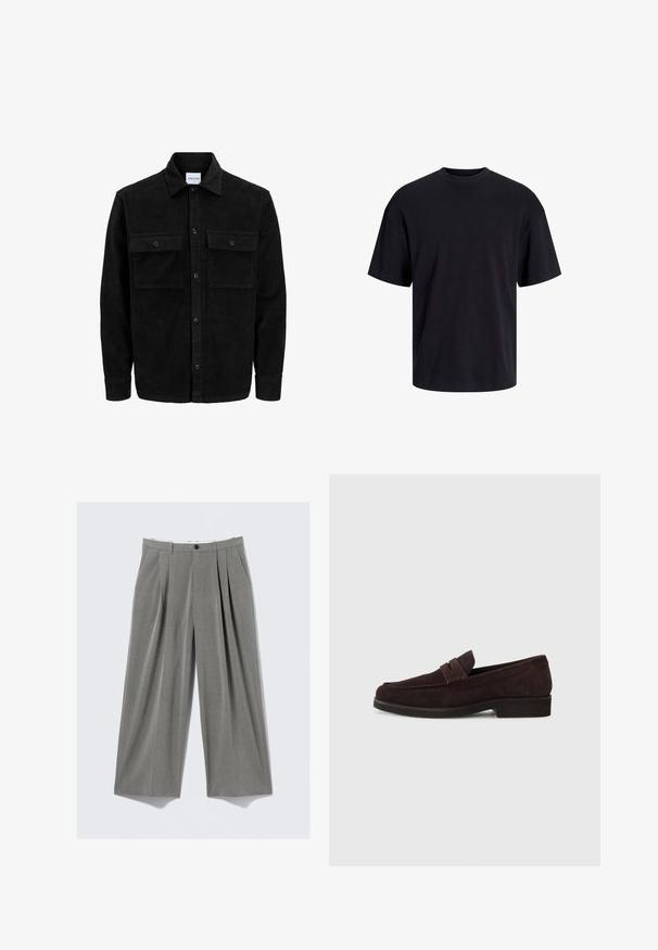 Czarna kurtka z korduru z guzikami, z dwoma przednimi kieszeniami na klapki oraz klasycznym kołnierzem, długimi rękawami i ryżowym splotem.; Czarna bawełniana koszulka z okrągłym dekoltem, krótkimi rękawami i luźnym krojem. Gładka tekstura, bez widocznych wzorów czy akcentów.; Szare spodnie garniturowe w szerokim kroju w prążki, z fałdami z przodu, szlufkami na pasek, kieszeniami bocznymi i czarnym zapięciem na guzik.; Brązowe zamszowe mokasyny o niskim profilu i zaokrąglonym nosie. Posiadają ozdobny pasek na górze, płaską gumową podeszwę i brak widocznych szwów.