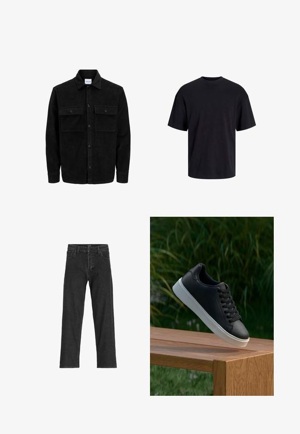 Chaqueta de pana negra con botones, dos bolsillos delanteros con solapa y un cuello clásico, mangas largas y textura acanalada.; Camiseta de algodón negra con cuello redondo, mangas cortas y un ajuste relajado. Textura suave y sin patrones ni acentos visibles.; Jeans de mezclilla negra con un diseño de pierna recta, que cuentan con una bragueta con cremallera, pasadores para cinturón y seis bolsillos, fabricados en una resistente mezcla de algodón.; Zapatilla negra de cuero con una textura suave, suela de goma blanca y seis ojetes para cordones, exhibida sobre una superficie de madera.