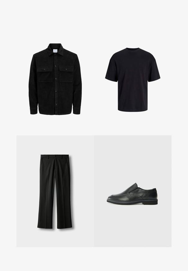 Čierna kordúrová bunda s gombíkmi, dvoma prednými vreckami so záklopkou a klasickým golierom, dlhými rukávmi a ryhovanou textúrou.; Čierne bavlnené tričko s okrúhlym výstrihom, krátkymi rukávmi a uvoľneným strihom. Hladká textúra bez viditeľných vzorov alebo akcentov.; Čierne nohavice na mieru s pútkami na opasok, predným zapínaním na gombík a zips, bočnými vreckami a záhybmi pozdĺž nôh na svetlom pozadí.; Čierny kožený nazúvací topánka s hladkým zvrškom, prešitými akcentmi, zaoblenou špičkou a nízkym gumovým podpätkom. Podošva má minimálny dezén.