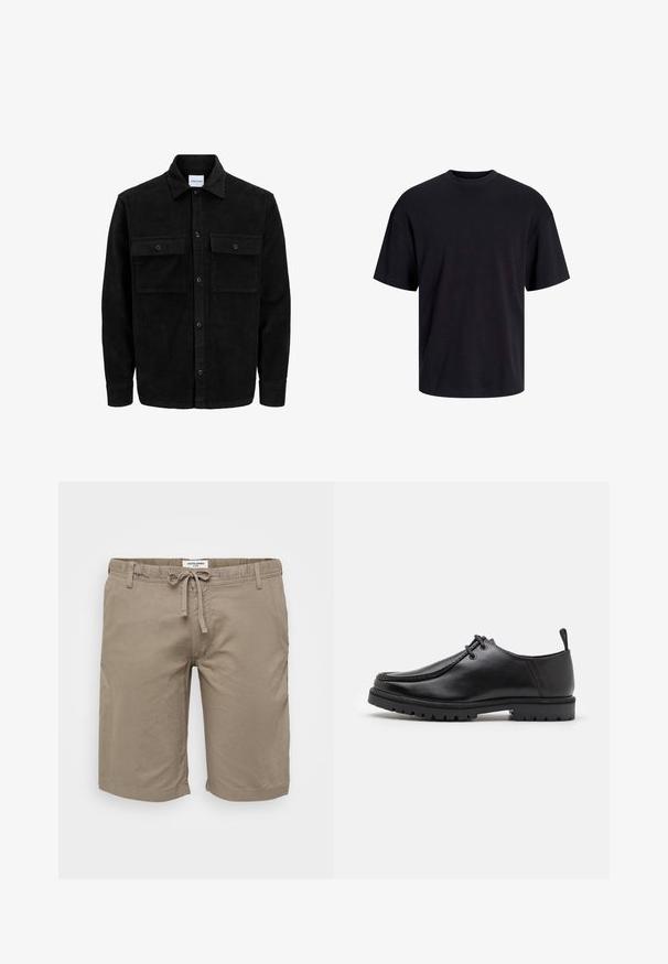 Juodas velveto mygtukų švarkas su dviem priekiniais kišenėmis su atvartais, klasikiniu apykakle, ilgomis rankovėmis ir raukšlėtu paviršiumi.; Juodas medvilninis marškinėlis su apvaliu iškirpimu, trumpomis rankovėmis ir laisvu siluetu. Glotni tekstūra, be matomų raštų ar akcentų.; Smėlio spalvos medvilniniai šortai su elastine juosta ir raišteliu, šoninėmis kišenėmis ir tiesiu kirpimu. Sklandus tekstūra ir minimalistinis dizainas.; Juodas odinis batų modelis su raišteliais, turintis tvirtą padą ir tempimo kilpelę kulno srityje, pavaizduotas iš šono ant baltos fono.