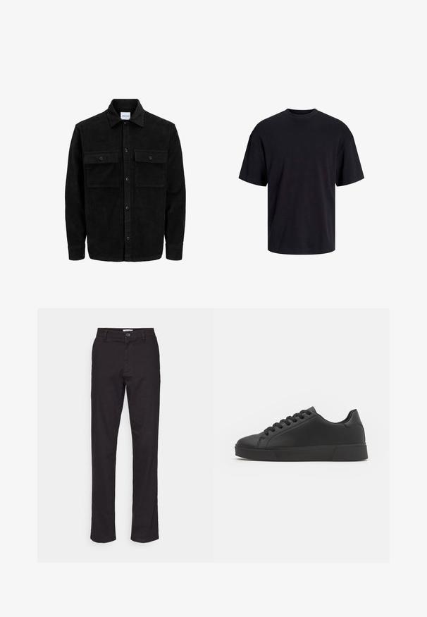 Sort fløjl button-up jakke med to frontlommer og klassisk krave, lange ærmer og ribbet tekstur.; Sort bomulds t-shirt med rund hals, korte ærmer og en afslappet pasform. Glat tekstur uden synlige mønstre eller accenter.; Sorte bomuldsbukser med lige ben-design, fremhævet af en frontknap lukning og sidelommer. Glat tekstur og minimal dekoration.; Sorte lavtop sneakers lavet af glat syntetisk materiale. Rund tå, snørelukning og flad gummisål med teksturerede accenter.