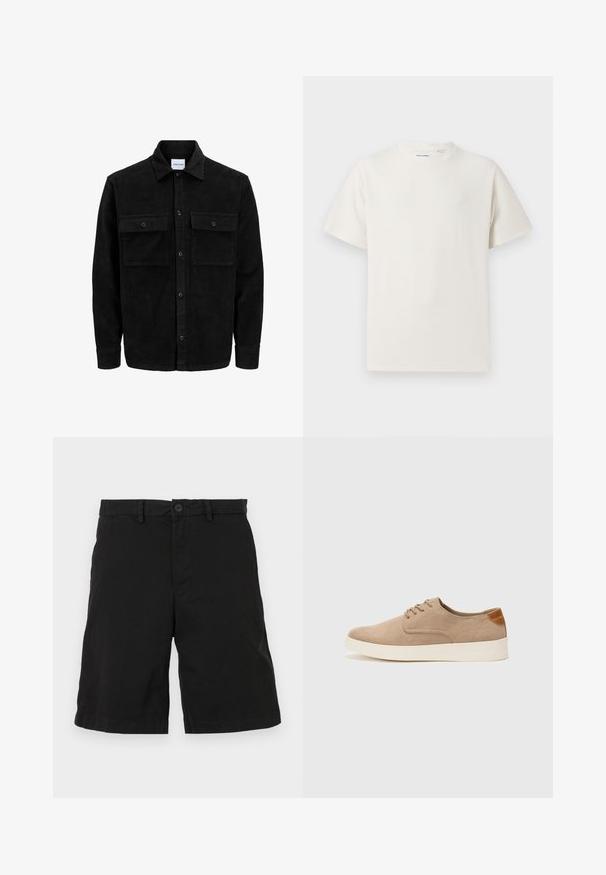 Melnas kordūru pogu jaka ar divām priekšējām atloka kabatām un klasisku apkakli, garām piedurknēm un ribotu tekstūru.; Balta krūštura īsām piedurknēm ar ribota auduma faktūru. Apaļš kakla izgriezums, brīvs griezums, bez redzamām rakstām vai akcentiem. Vienkāršs un daudzpusīgs dizains.; Melnas kokvilnas šortos ar platu priekšpusi, ar pogu aizdari un sānu kabatām, bez redzamām rakstām vai akcentiem.; Beige zamšādas kedas ar noapaļotu purngala daļu, auklēm saplacinātu priekšpusi un teksturētu aizmugures akcentu. Balta gumijas zole nodrošina kontrastu. Vienkāršs un mūsdienīgs dizains.