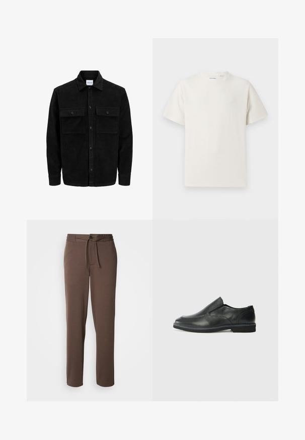 Zwarte corduroy knopenjack met twee voorste klepzakken en een klassieke kraag, lange mouwen en ribbelstructuur.; Witte korte mouwen T-shirt met ribbelstructuur. Ronde hals, ontspannen pasvorm, geen zichtbare patronen of accenten. Eenvoudig en veelzijdig ontwerp.; Bruine sweatpants van zacht materiaal, met een koord in de taille, knoopsluiting en rechte pijpen zonder zichtbare patronen of accenten.; Zwarte leren instapper met een soepele bovenkant, gestikte accenten, ronde neus en een lage rubberen hak. De zool heeft minimale profiel.