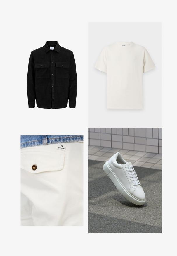 Juodas velveto mygtukų švarkas su dviem priekiniais kišenėmis su atvartais, klasikiniu apykakle, ilgomis rankovėmis ir raukšlėtu paviršiumi.; Balta trumpa rankovė T-polo marškinėlių su juostelėmis tekstūra. Apvalus iškirpimas, laisvas fasonas, jokių matomų raštų ar akcentų. Paprastas ir universalus dizainas.; Balti medvilniniai šortai su priekinėmis kišenėmis, turintys rudą mygtuką ir mažą JACK & JONES etiketę šalia juosmens.; Balti odiniai sportbačiai su lygiu paviršiumi, apvalia nosimi ir plokščiomis baltomis raištelėmis. Yra tekstūruotas gumos padas ir minimalizmas dizaino elementuose.