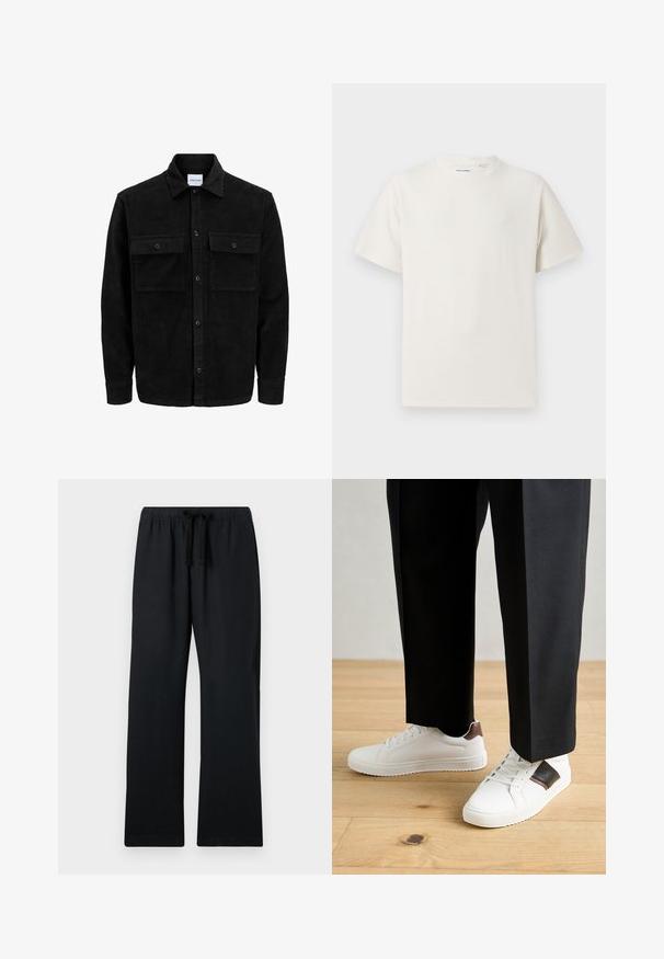 Schwarze Corduroy-Button-Up-Jacke mit zwei frontalem Klappentaschen und klassischem Kragen, langen Ärmeln und gerippter Textur.; Weißes T-Shirt mit kurzen Ärmeln in gerippter Textur. Runder Ausschnitt, lockere Passform, keine sichtbaren Muster oder Akzente. Einfaches und vielseitiges Design.; Schwarze, locker sitzende Hosen mit einem elastischen Bund und verstellbarem Kordelzug. Glattes Material, gerades Bein-Design und ohne Muster.; Weiße Sneakers mit glatter Textur, versehen mit braunen Lederakzenten und schwarzen Details, kombiniert mit schwarzen maßgeschneiderten Hosen. Hintergrund aus Holzboden.