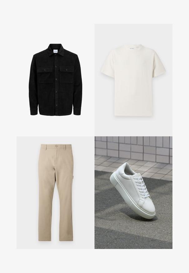 Schwarze Corduroy-Button-Up-Jacke mit zwei frontalem Klappentaschen und klassischem Kragen, langen Ärmeln und gerippter Textur.; Weißes T-Shirt mit kurzen Ärmeln in gerippter Textur. Runder Ausschnitt, lockere Passform, keine sichtbaren Muster oder Akzente. Einfaches und vielseitiges Design.; Beige Baumwollhose mit geradem Bein, ausgestattet mit einem vorderen Knopfverschluss und subtilen Nähdetails. Glatte Textur, keine Muster.; Weiße Leder-Sneaker mit glatter Oberfläche, runder Zehenpartie und flachen weißen Schnürsenkeln. Verfügt über eine strukturierte Gummisohle und minimalistische Designelemente.