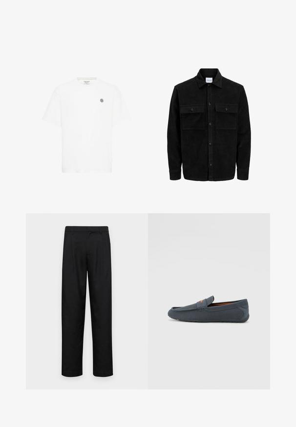 Black corduroy button-up jacket with two front flap pockets and a classic collar, long sleeves, and ribbed texture.; White short-sleeve t-shirt featuring a round neckline and a small grey geometric logo on the left chest. Made from soft cotton material.; Black trousers made of smooth fabric, featuring a straight-leg design, two front pleats, and standard waistband with belt loops.; Gray perforated loafers with a slip-on design, featuring an orange accent, rounded toe, and textured rubber outsole.