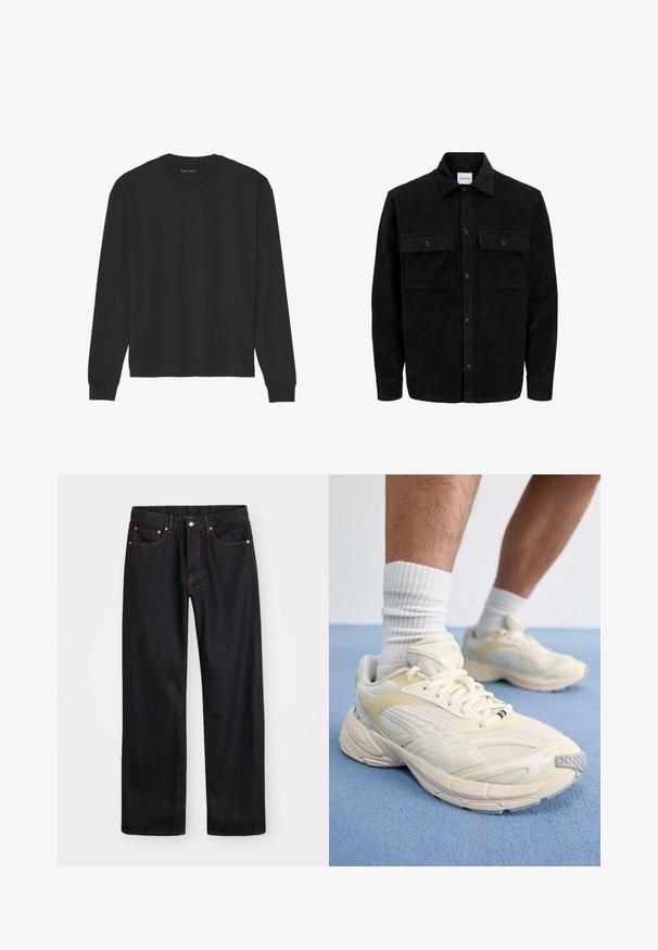 Mustat corduroy-nappi takki, jossa on kaksi etupistotaskua ja klassinen kaulus, pitkät hihat ja ribattu pinta.; Mustapaitainen pitkähihaisettu t-paita, joka on valmistettu pehmeästä puuvillasta. Ominaisuuksiin kuuluu miehen kaula-aukko ja ribbauskahvat, rento istuvuus sekä ilman kuvioita tai grafiikoita.; Miestne čierne rovné džínsy so štyrmi vreckami a oranžovým šitím, zapínanie na gombík a zips na prednom pásku.; Vaaleankeltaiset urheilukengät, joissa on verkkomateriaali ja synteettisiä päällysteitä, varustettu nauhoilla, pehmeä pohja ja logo kielen päällä.