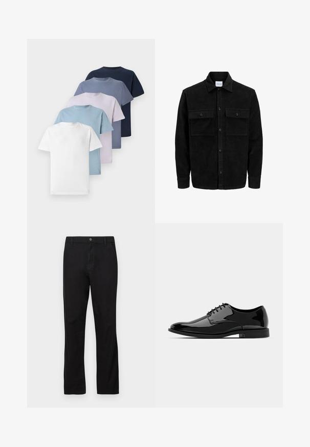 Crni kožni kord jakna na dugmad s dva prednja džepa s preklopom i klasičnim ovratnikom, dugim rukavima i rebrastom teksturom.; Pet majica s okruglim izrezom u pet različitih boja: bijela, svijetloplava, svijetloplava, tamnoplava i mornarsko plava. Izrađene od pamuka s kratkim rukavima.; Crne pamučne hlače ravnog kroja, s kopčanjem na dugme, prednjim i stražnjim džepovima, te glatkom teksturom.; Crne lakirane kožne cipele s okruglim vrhom, s vezicama i glatkom, sjajnom površinom. Imaju nisku gumenu potplat.