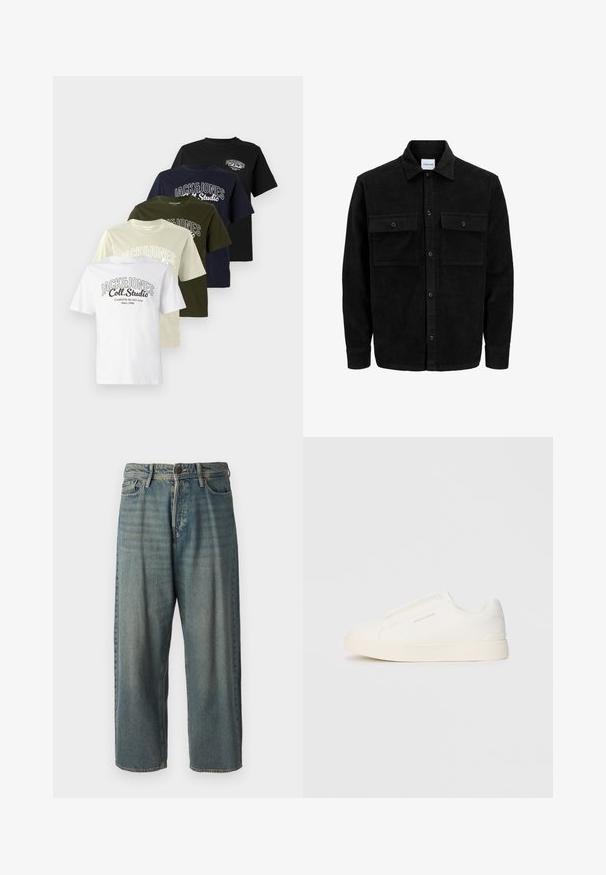 Sort fløjl button-up jakke med to frontlommer og klassisk krave, lange ærmer og ribbet tekstur.; Fem T-shirts i en række: hvid, beige, oliven, marineblå og sort. Hver har et logo med teksten "JACK&JONES" og en rund halsdesign.; Lyseblå denim jeans med løs pasform, mellemhøj talje og lige ben. Har fem lommer, bæltestropper og en knappelukning.; Hvide slip-on sneakers med en struktureret overflade, en tyk sål og et minimalistisk design. Har brandlogoet på siden.