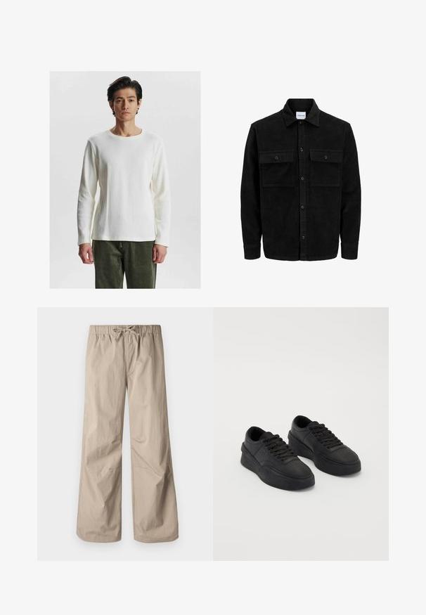 Melnas kordūru pogu jaka ar divām priekšējām atloka kabatām un klasisku apkakli, garām piedurknēm un ribotu tekstūru.; Balts garās piedurknes ribota blūze ar noapaļotu kakla izgriezumu, kas izceļas ar teksturētu rakstu un pieguļošām piedurknēm, apvienota ar olīvzaļiem biksēm.; Bežīgas platās bikses ar elastīgu jostu un saiti. Gluda tekstūra, divas sānu kabatas un minimāli šuvi brīvai piegriezumam.; Melnas kedas, izgatavotas no gludas ādas, ar mīkstu zoli. Iespējas ietver plakanu auklu, perforācijas uz pirksta un elegantu siluetu.