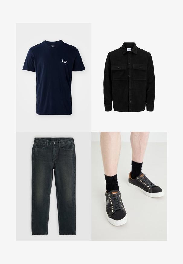 Mustat corduroy-nappi takki, jossa on kaksi etupistotaskua ja klassinen kaulus, pitkät hihat ja ribattu pinta.; Tummansininen puuvillapaita, jossa on lyhyet hihat, pyöreä kaula-aukko ja valkoinen "Lee" -logo brodeerattuna vasempaan rintakehäalueeseen. Siisti rakenne.; Tummansinisiä farkkuja suoran lahkeen leikkauksella, viidellä taskulla, vetoketjukiinnityksellä ja kontrastivärisillä ompeleilla. Kankaan pinnassa on hieno haalistuminen.; Harmaat kankaisneakerit valkoisilla kumipohjilla, mustilla nauhoilla ja ruskeilla nahkakoristeilla kannassa, yhdistettynä mustiin ribattuihin sukkiin.