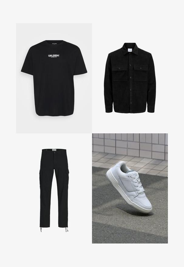 Černá kordurová košile s knoflíky, dvěma předními klopovými kapsami a klasickým límcem, dlouhými rukávy a vroubkovanou texturou.; Černé bavlněné tričko s kulatým výstřihem, krátkými rukávy a bílým textovým designem na přední straně s nápisem "OSVOBODTE SVÉHO VNITŘNÍHO TIGRA."; Černé cargo kalhoty s rovnými nohavicemi, vybavené bočními kapsami, zapínáním na knoflík a elastickými šňůrkami u kotníků. Vyrobeny z odolného materiálu.; Bílé kožené tenisky s perforovanými stranami, texturovanými detaily, plochými tkaničkami a kontrastní šedou patou. Mají mírně zvýšenou podrážku.